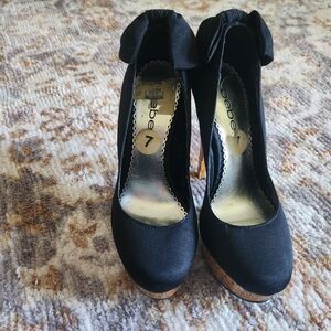 bebe Black Bow Cork-Platform High Heels